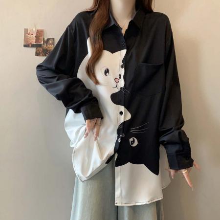 FA39034# 秋季新款单排扣猫咪立体图案法式衬衫女大码宽松百搭上衣 服裝批發女裝批發服飾貨源