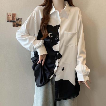 FA39034# 秋季新款单排扣猫咪立体图案法式衬衫女大码宽松百搭上衣 服裝批發女裝批發服飾貨源