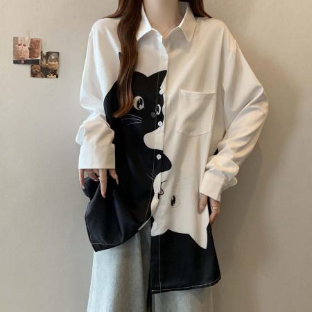FA39034# 秋季新款单排扣猫咪立体图案法式衬衫女大码宽松百搭上衣 服裝批發女裝批發服飾貨源