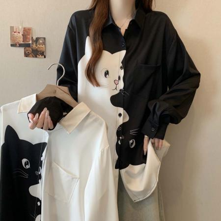 FA39034# 秋季新款单排扣猫咪立体图案法式衬衫女大码宽松百搭上衣 服裝批發女裝批發服飾貨源