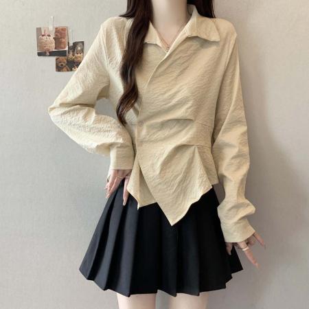 FA39035# 秋季新款衬衫领简约条纹百搭衬衣女大码显瘦遮肉单上衣 服裝批發女裝批發服飾貨源