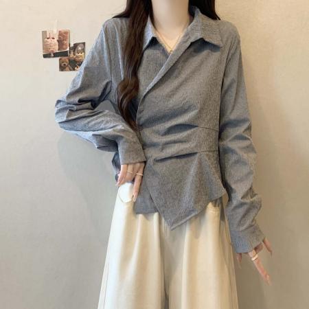 FA39035# 秋季新款衬衫领简约条纹百搭衬衣女大码显瘦遮肉单上衣 服裝批發女裝批發服飾貨源