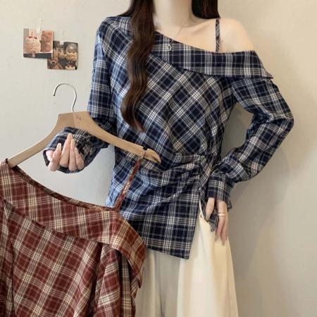 FA39036# 秋季新款格子漏肩个性百搭衬衫女大码遮肉显瘦时尚上衣 服裝批發女裝批發服飾貨源