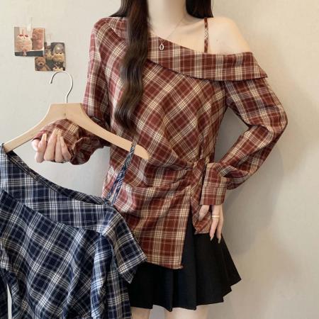 FA39036# 秋季新款格子漏肩个性百搭衬衫女大码遮肉显瘦时尚上衣 服裝批發女裝批發服飾貨源