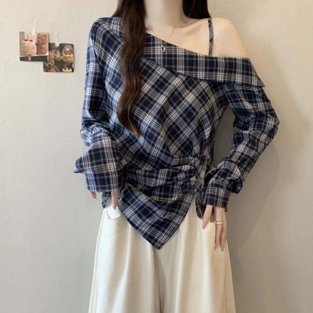 FA39036# 秋季新款格子漏肩个性百搭衬衫女大码遮肉显瘦时尚上衣 服裝批發女裝批發服飾貨源