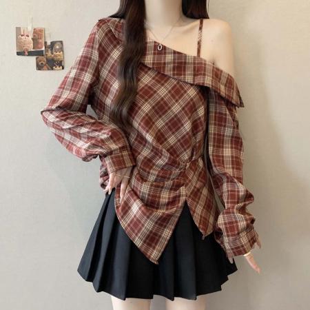 FA39036# 秋季新款格子漏肩个性百搭衬衫女大码遮肉显瘦时尚上衣 服裝批發女裝批發服飾貨源