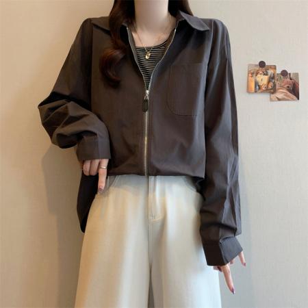FA39038# 秋季新款大码胖MM韩系简约高级感拼接显瘦拉链假两件衬衫 服裝批發女裝批發服飾貨源