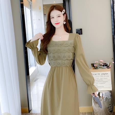 FA39039# 秋季新品法式纯色长袖连衣裙女中长款方领刺绣花边减龄休闲裙 服裝批發女裝批發服飾貨源