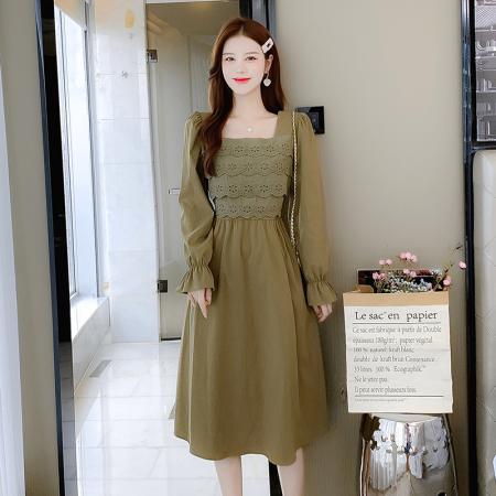 FA39039# 秋季新品法式纯色长袖连衣裙女中长款方领刺绣花边减龄休闲裙 服裝批發女裝批發服飾貨源