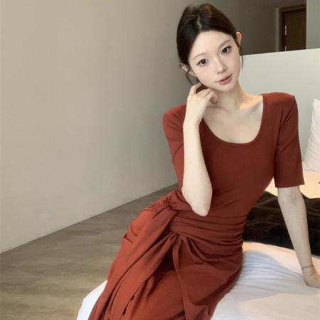 FA39040# 秋季新款韩系修身显瘦半袖中长袖绑带收腰连衣裙 服裝批發女裝批發服飾貨源