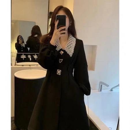 FA39051# 有娃娃领连衣裙女春秋收腰显瘦内搭打底裙子赫本风小黑裙 服裝批發女裝批發服飾貨源