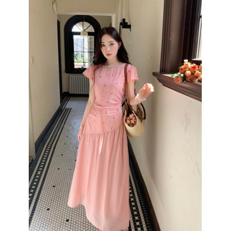 FA39052# 新款夏季法式显瘦梨型身材糖果粉显白减龄连衣裙女 服裝批發女裝批發服飾貨源
