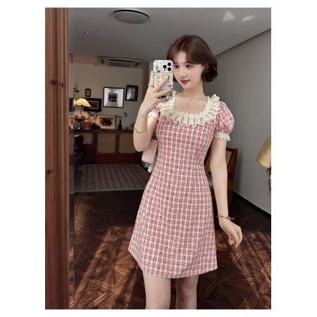 FA39054# 法式复古方领红格爱心碎花花边俏皮连衣裙长短款 服裝批發女裝批發服飾貨源