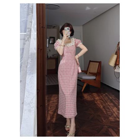 FA39054# 法式复古方领红格爱心碎花花边俏皮连衣裙长短款 服裝批發女裝批發服飾貨源