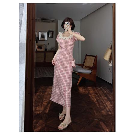 FA39054# 法式复古方领红格爱心碎花花边俏皮连衣裙长短款 服裝批發女裝批發服飾貨源