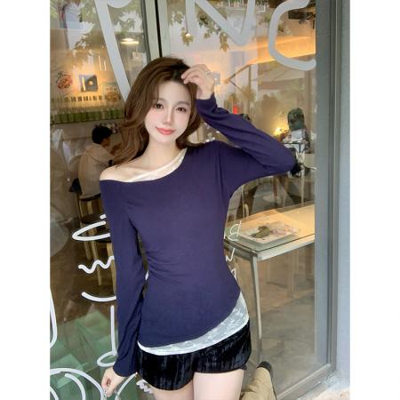 FA39063# 一字肩斜肩蕾丝上衣高级感假两件短款长袖t恤女秋 服裝批發女裝批發服飾貨源