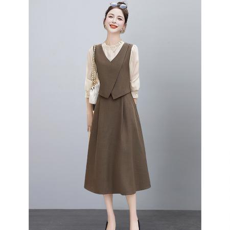 时尚假两件拼接长袖连衣裙女春秋...