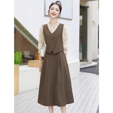 FA39067# 时尚假两件拼接长袖连衣裙女春秋新款高级感显瘦气质职业裙子 服裝批發女裝批發服飾貨源