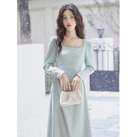 FA39071# 法式长袖连衣裙方领褶皱显瘦高级感领证登记小礼服 服裝批發女裝批發服飾貨源