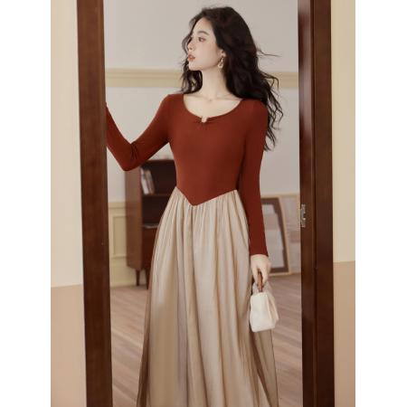 FA39072# 法式复古针织长袖连衣裙女秋季高级感气质 服裝批發女裝批發服飾貨源
