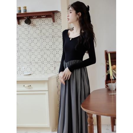 FA39072# 法式复古针织长袖连衣裙女秋季高级感气质 服裝批發女裝批發服飾貨源