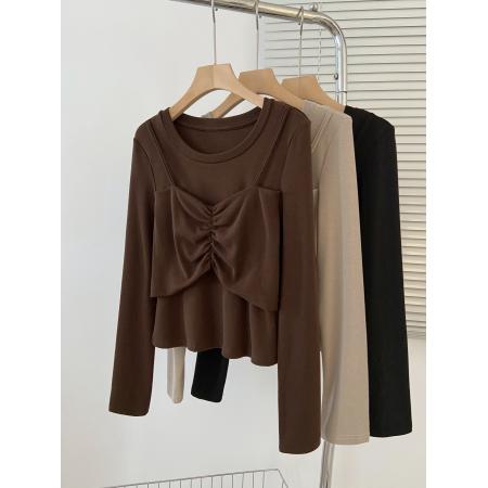 FA39077# 大码女装长袖打底衫女秋季新款胖mm设计感假两件上衣 服裝批發女裝批發服飾貨源
