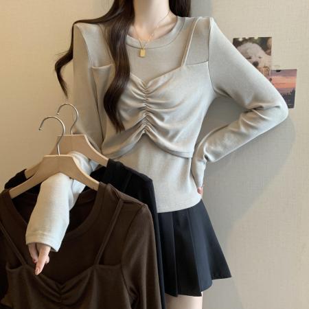 FA39078# 大码女装长袖打底衫女春季新款胖mm设计感假两件上衣 服裝批發女裝批發服飾貨源