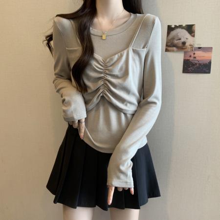 FA39078# 大码女装长袖打底衫女春季新款胖mm设计感假两件上衣 服裝批發女裝批發服飾貨源