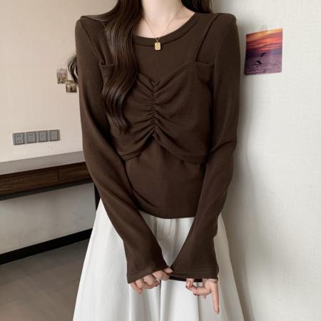 FA39078# 大码女装长袖打底衫女春季新款胖mm设计感假两件上衣 服裝批發女裝批發服飾貨源