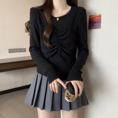 FA39078# 大码女装长袖打底衫女春季新款胖mm设计感假两件上衣 服裝批發女裝批發服飾貨源