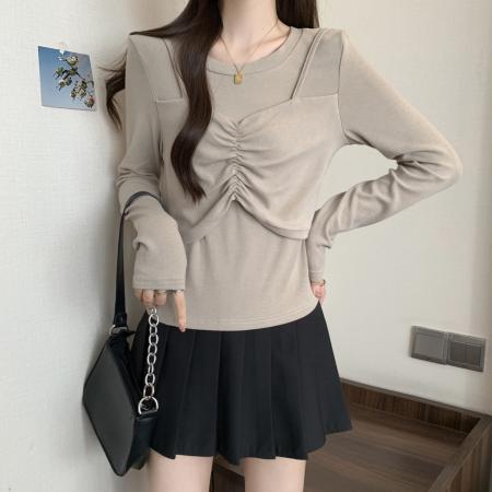 FA39078# 大码女装长袖打底衫女春季新款胖mm设计感假两件上衣 服裝批發女裝批發服飾貨源