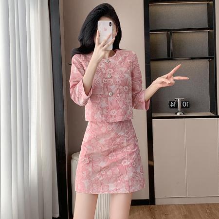 FA39079# 冷淡系女装高级套装早春粉色提花名媛时尚气质时髦轻熟两件套裙子 服裝批發女裝批發服飾貨源