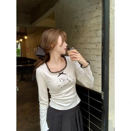 FA39080# 内搭甜美上衣女秋冬款蕾丝花边印花长袖打底衫 服裝批發女裝批發服飾貨源