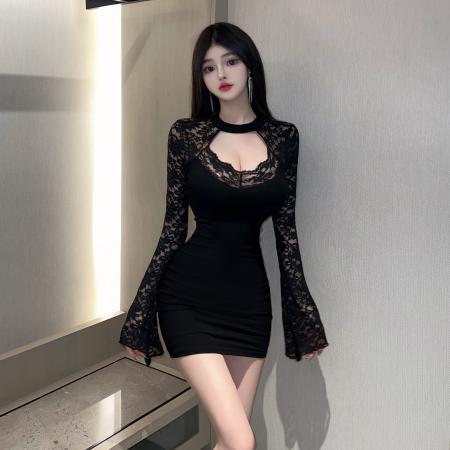 FA39085# 蕾丝拼接黑色长袖针织连衣裙女秋季新款收腰包臀短裙子 服裝批發女裝批發服飾貨源