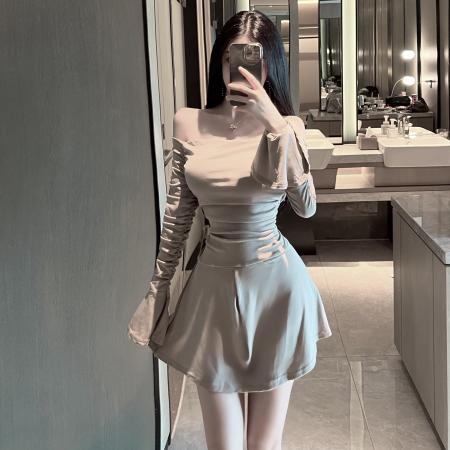 FA39086# 女人味性感一字肩连衣裙露肩喇叭袖设计感收腰A字裙子 服裝批發女裝批發服飾貨源