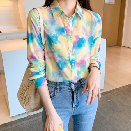 FA39093# 洋气秋季新款女装翻领彩色涂鸦雪纺衫上衣开衫衬衫打底衫衬衣 服裝批發女裝批發服飾貨源