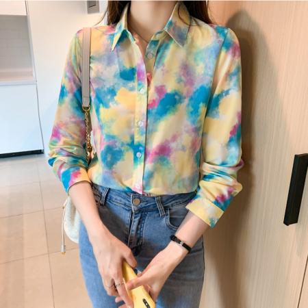 FA39093# 洋气秋季新款女装翻领彩色涂鸦雪纺衫上衣开衫衬衫打底衫衬衣 服裝批發女裝批發服飾貨源