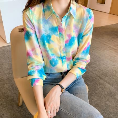 FA39093# 洋气秋季新款女装翻领彩色涂鸦雪纺衫上衣开衫衬衫打底衫衬衣 服裝批發女裝批發服飾貨源