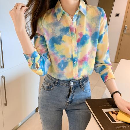 FA39093# 洋气秋季新款女装翻领彩色涂鸦雪纺衫上衣开衫衬衫打底衫衬衣 服裝批發女裝批發服飾貨源