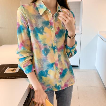 FA39093# 洋气秋季新款女装翻领彩色涂鸦雪纺衫上衣开衫衬衫打底衫衬衣 服裝批發女裝批發服飾貨源