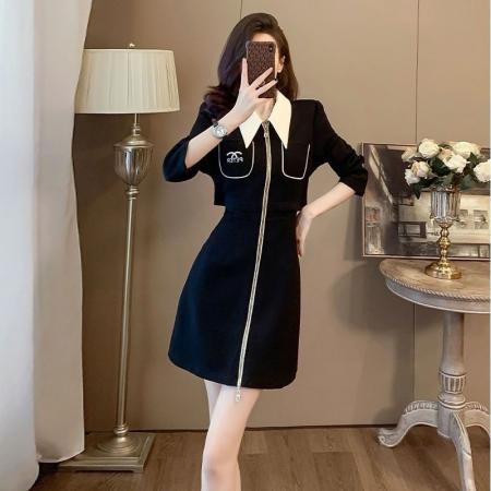 FA39096# 时尚流行刺绣连衣裙女春季新款时髦气质收腰显瘦假两件小黑裙 服裝批發女裝批發服飾貨源