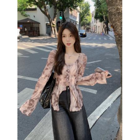 FA39098# 气质v领晕染显瘦长袖百搭上衣女单排扣荷叶边雪纺衬衫 服裝批發女裝批發服飾貨源