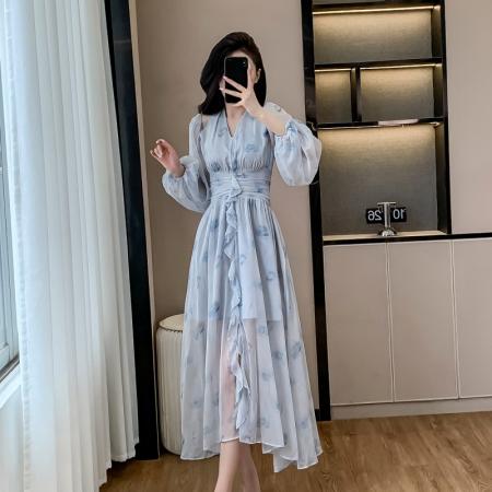 FA39105# 气质蓝露肩挂脖两穿水墨印花连衣裙韩版度假甜美V领收腰长裙 服裝批發女裝批發服飾貨源