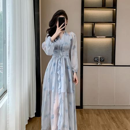 FA39105# 气质蓝露肩挂脖两穿水墨印花连衣裙韩版度假甜美V领收腰长裙 服裝批發女裝批發服飾貨源
