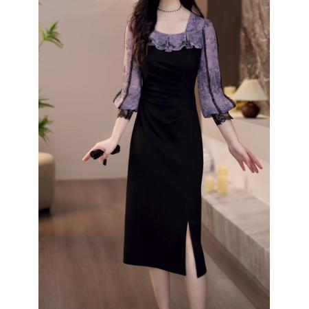 FA39109# 秋季新款大码女装印花雪纺拼接显瘦气质淑女连衣裙 服裝批發女裝批發服飾貨源