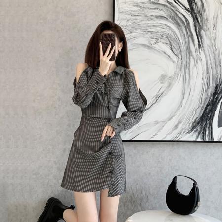 FA39113# 秋季性感露肩长袖连衣裙衬衫裙女秋冬小众设计感早秋新款女装 服裝批發女裝批發服飾貨源