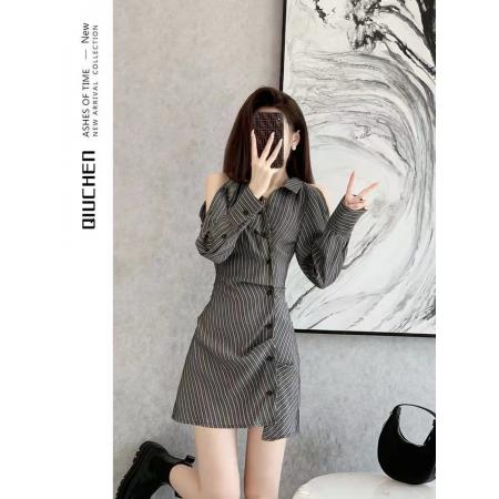FA39113# 秋季性感露肩长袖连衣裙衬衫裙女秋冬小众设计感早秋新款女装 服裝批發女裝批發服飾貨源