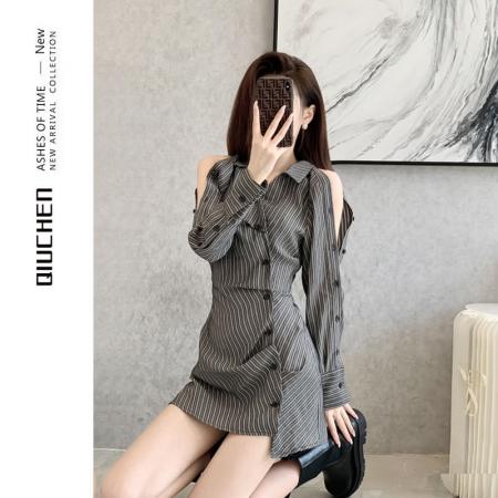 FA39113# 秋季性感露肩长袖连衣裙衬衫裙女秋冬小众设计感早秋新款女装 服裝批發女裝批發服飾貨源
