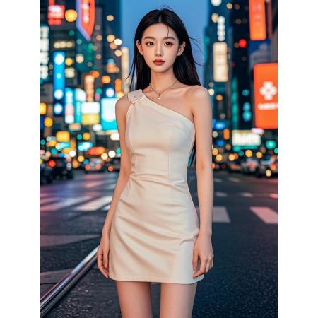 FA39117# 辣妹性感斜肩白色无袖连衣裙法式名媛气质收腰显身材高级感晚礼服 服裝批發女裝批發服飾貨源