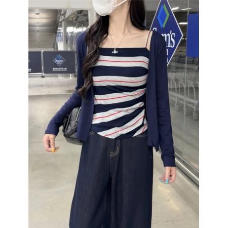 FA39122# 纯欲套装薄款长袖开衫外套女秋季内搭条纹吊带背心两件套 服裝批發女裝批發服飾貨源